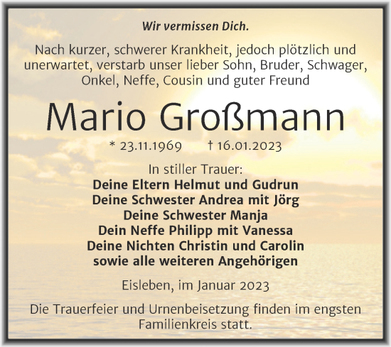 Traueranzeige von Mario Großmann von Trauerkombi Mansfelder Land