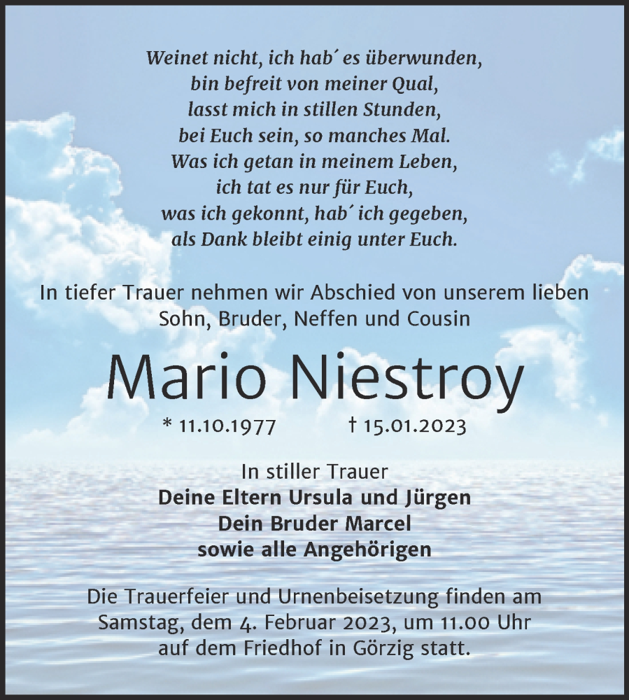  Traueranzeige für Mario Niestroy vom 20.01.2023 aus Trauerkombi Köthen