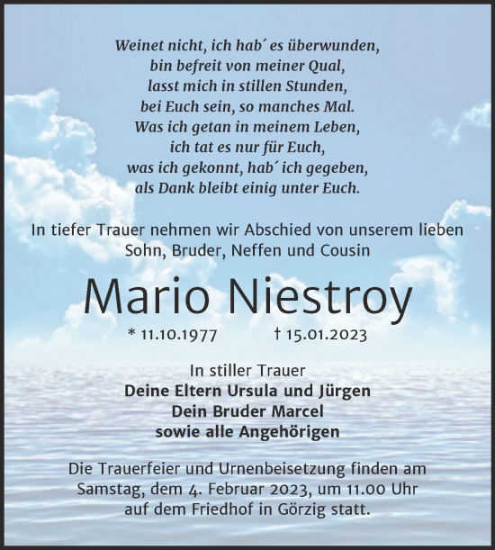 Traueranzeige von Mario Niestroy von Trauerkombi Köthen