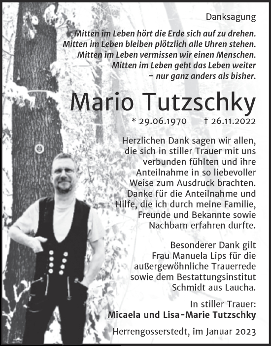 Traueranzeige von Mario Tutzschky von Wochenspiegel Naumburg/Nebra
