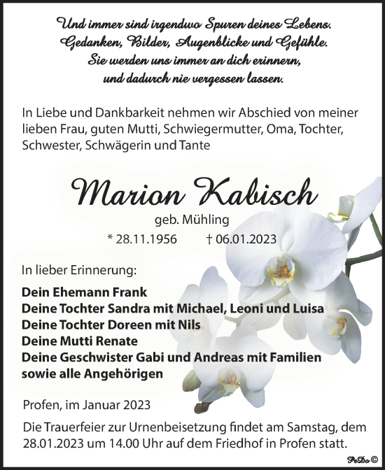 Traueranzeige von Marion Kabisch von Trauerkombi Zeitz