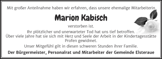 Traueranzeige von Marion Kabisch von Super Sonntag Zeitz