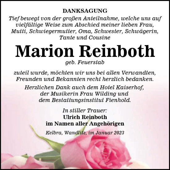 Traueranzeige von Marion Reinboth von Mitteldeutsche Zeitung Sangerhausen