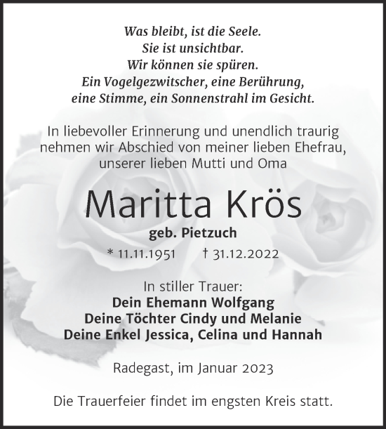 Traueranzeige von Maritta Krös von Trauerkombi Köthen