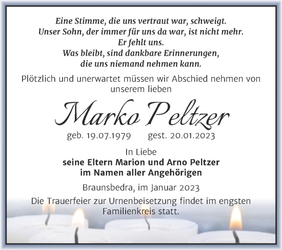 Traueranzeige von Marko Peltzer von Trauerkombi Merseburg