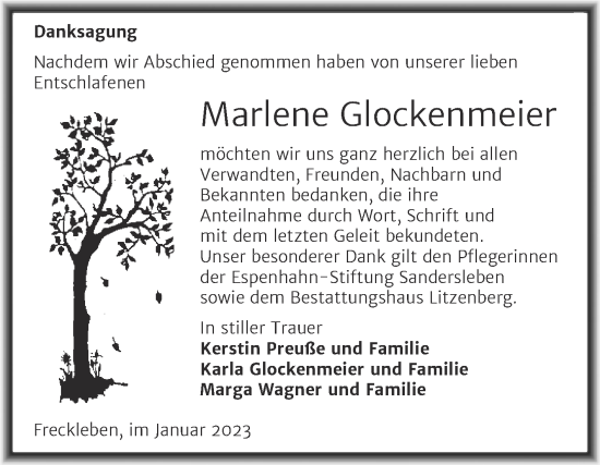 Traueranzeige von Marlene Glockenmeier von Mitteldeutsche Zeitung Aschersleben