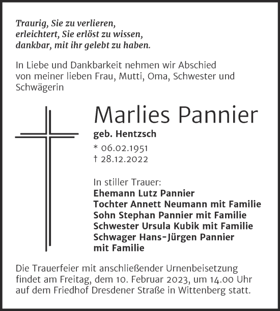 Traueranzeige von Marlies Pannier von Trauerkombi Wittenberg