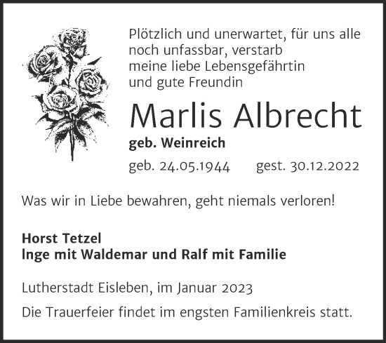 Traueranzeige von Marlis Albrecht von Trauerkombi Mansfelder Land