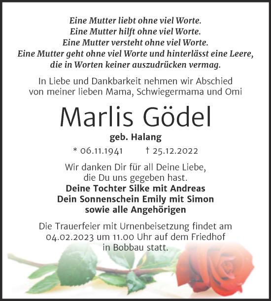 Traueranzeige von Marlis Gödel von Trauerkombi Bitterfeld