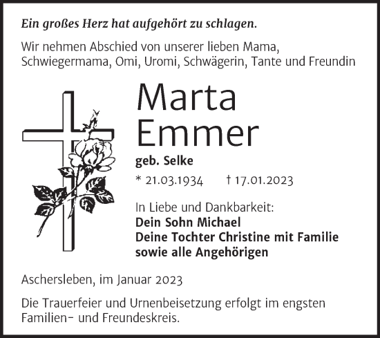 Traueranzeige von Marta Emmer von Trauerkombi Aschersleben