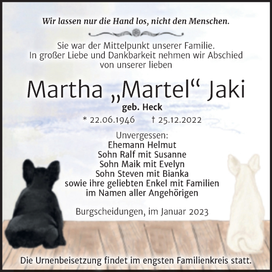 Traueranzeige von Martha Jaki von Wochenspiegel Naumburg/Nebra