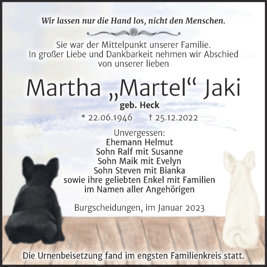 Traueranzeige von Martha Jaki von Super Sonntag Naumburg/Nebra