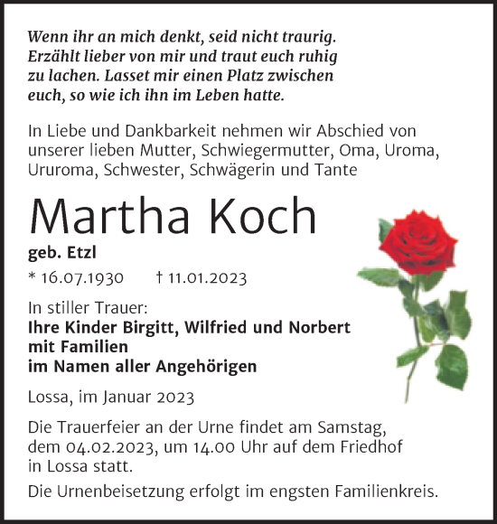 Traueranzeige von Martha Koch von Wochenspiegel Naumburg/Nebra