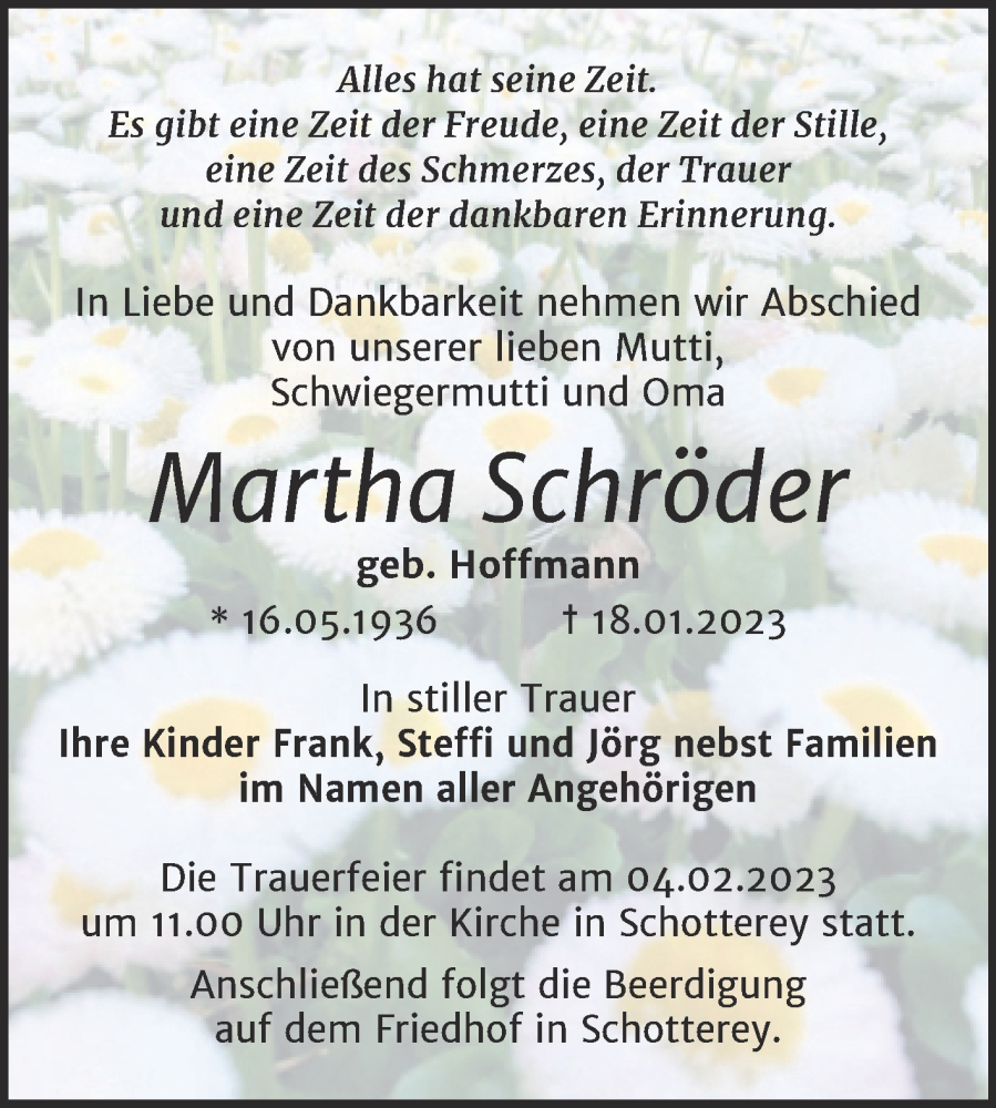  Traueranzeige für Martha Schröder vom 28.01.2023 aus Trauerkombi Merseburg