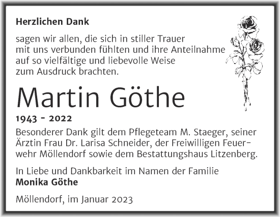 Traueranzeige von Martin Göthe von Trauerkombi Mansfelder Land