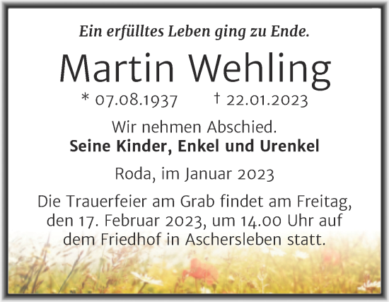 Traueranzeige von Martin Wehling von Trauerkombi Mansfelder Land