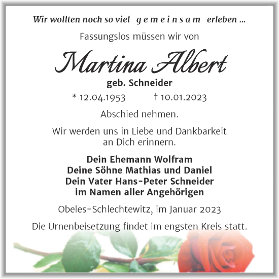 Traueranzeige von MArtina Albert von Trauerkombi Merseburg