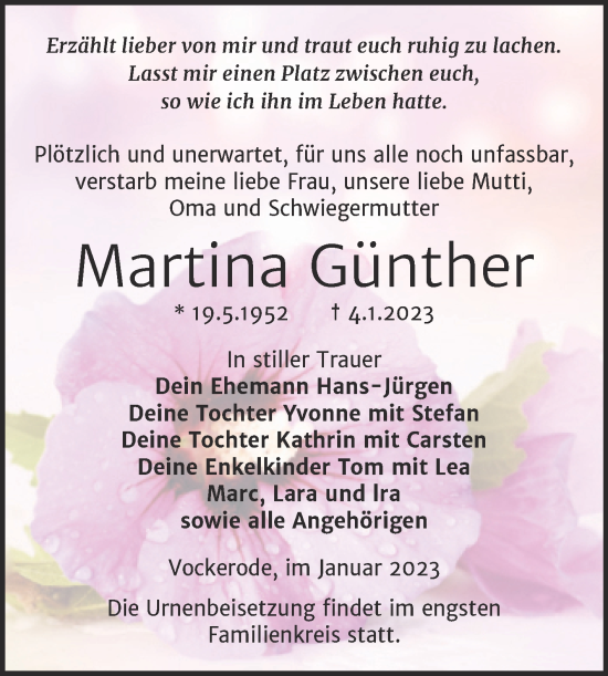 Traueranzeige von Martina Günther von Trauerkombi Wittenberg
