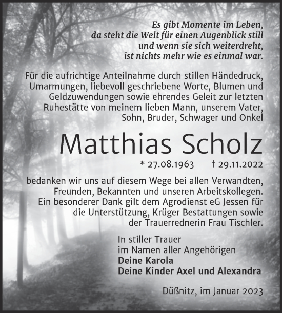 Traueranzeige von Matthias Scholz von Trauerkombi Wittenberg