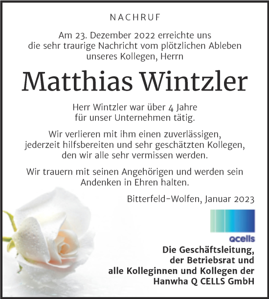 Traueranzeige von Matthias Wintzler von Mitteldeutsche Zeitung Köthen