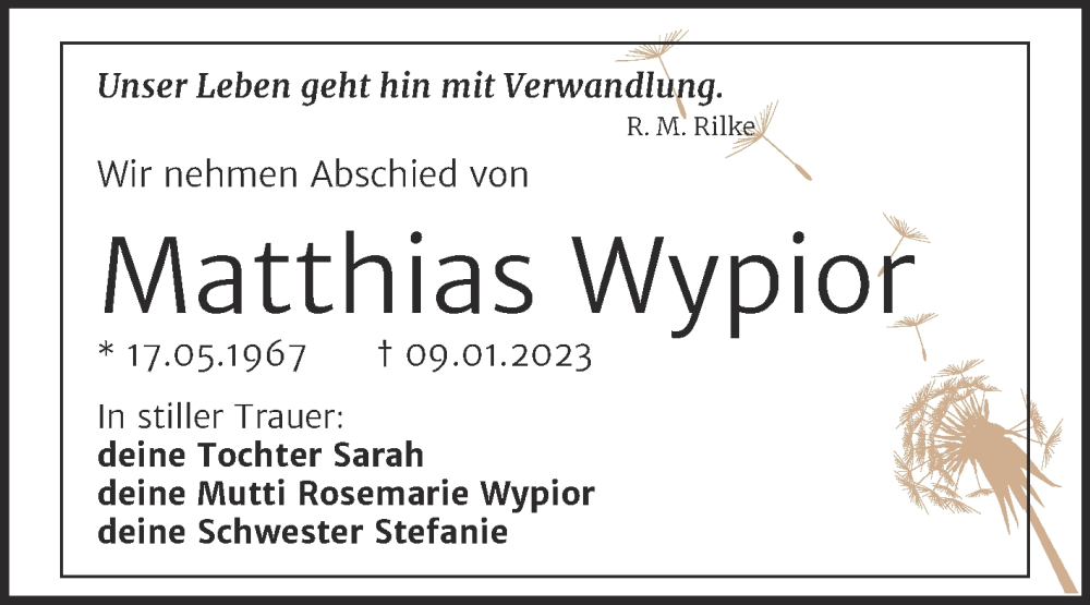  Traueranzeige für Matthias Wypior vom 28.01.2023 aus Mitteldeutsche Zeitung Halle/Saalkreis