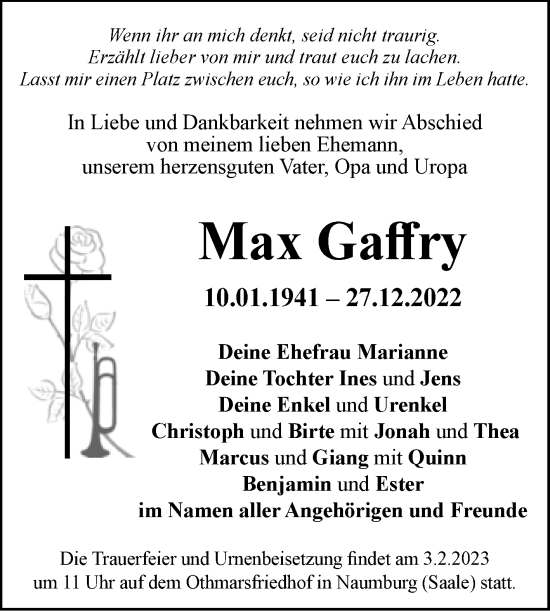Traueranzeige von Max Gaffry von Wochenspiegel Naumburg/Nebra