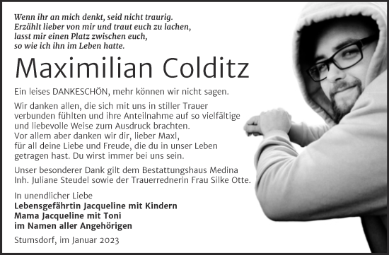 Traueranzeige von Maximilian Colditz von Trauerkombi Bitterfeld