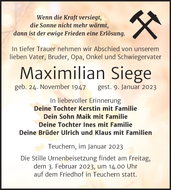 Traueranzeige von Maximilian Siege von Trauerkombi Weißenfels