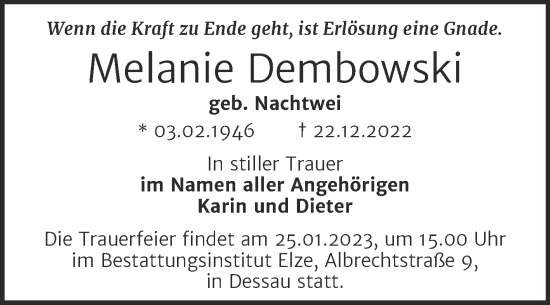 Traueranzeige von Melanie Dembowski von Trauerkombi Dessau