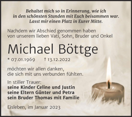 Traueranzeige von Michael Böttge von Trauerkombi Mansfelder Land