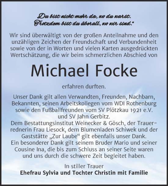 Traueranzeige von Michael Focke von Trauerkombi Bernburg