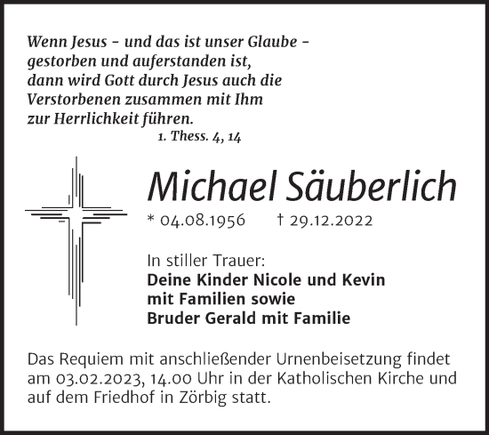 Traueranzeige von Michael Säuberlich von Trauerkombi Bitterfeld