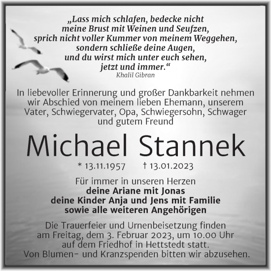 Traueranzeige von Michael Stannek von Trauerkombi Mansfelder Land