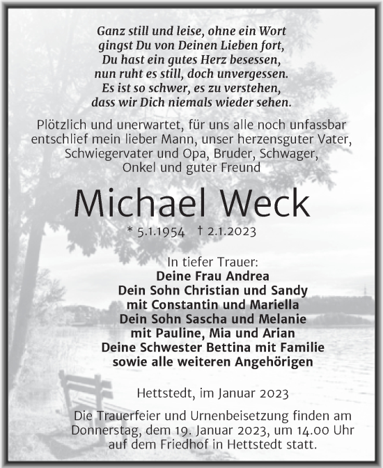 Traueranzeige von Michael Weck von Trauerkombi Mansfelder Land