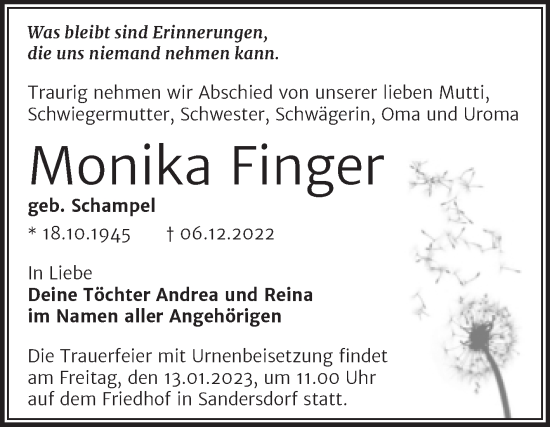 Traueranzeige von Monika Finger von Trauerkombi Bitterfeld