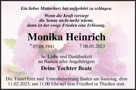 Traueranzeige von Monika Heinrich von Trauerkombi Dessau