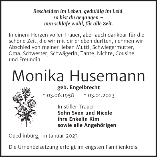 Traueranzeige von Monika Husemann von Trauerkombi Quedlinburg