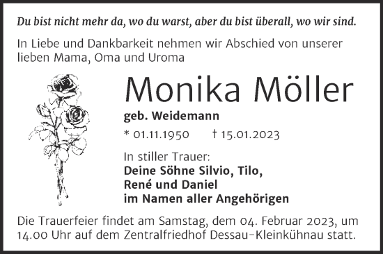 Traueranzeige von Monika Möller von Trauerkombi Dessau