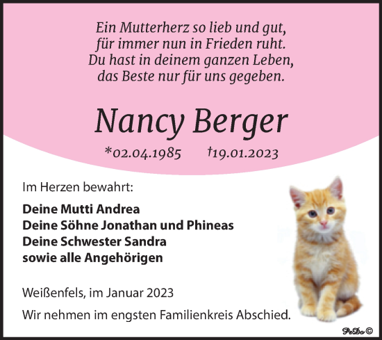 Traueranzeige von Nancy Berger von Trauerkombi Weißenfels