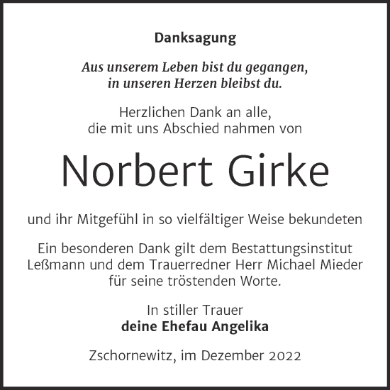 Traueranzeige von Norbert Girke von Trauerkombi Wittenberg