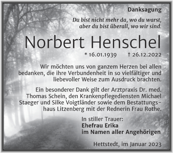 Traueranzeige von Norbert Henschel von Trauerkombi Mansfelder Land