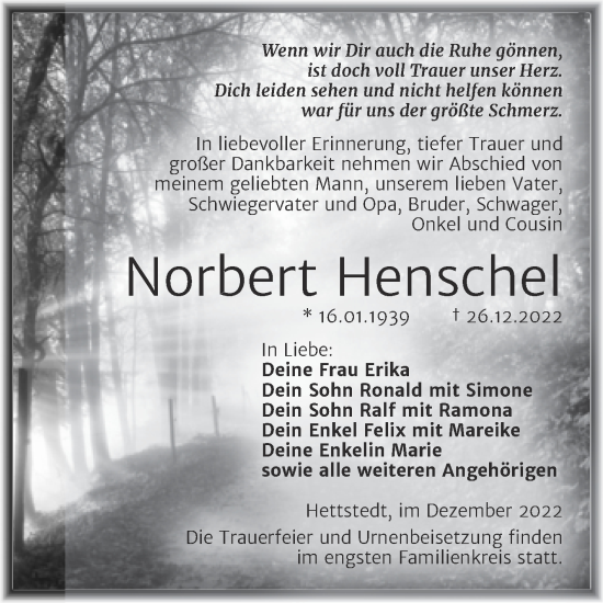 Traueranzeige von Norbert Henschel von Trauerkombi Mansfelder Land