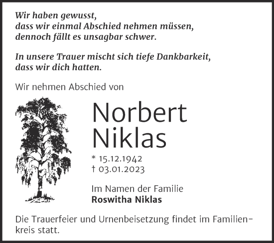 Traueranzeige von Norbert Niklas von Mitteldeutsche Zeitung Halle/Saalkreis