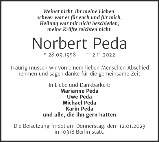 Traueranzeige von Norbert Peda von Mitteldeutsche Zeitung