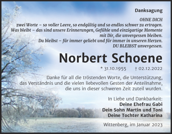 Traueranzeige von Norbert Schoene von Trauerkombi Wittenberg