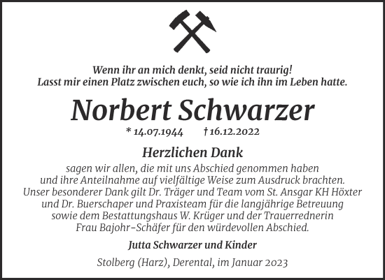 Traueranzeige von Norbert Schwarzer von Trauerkombi Sangerhausen