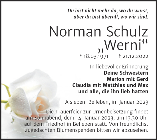 Traueranzeige von Norman Schulz von Trauerkombi Bernburg