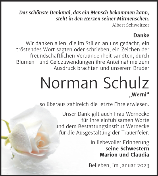 Traueranzeige von Norman Schulz von Trauerkombi Bernburg