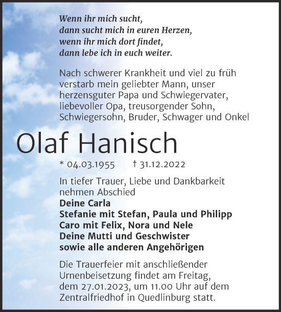 Traueranzeige von Olaf Hanisch von Trauerkombi Quedlinburg