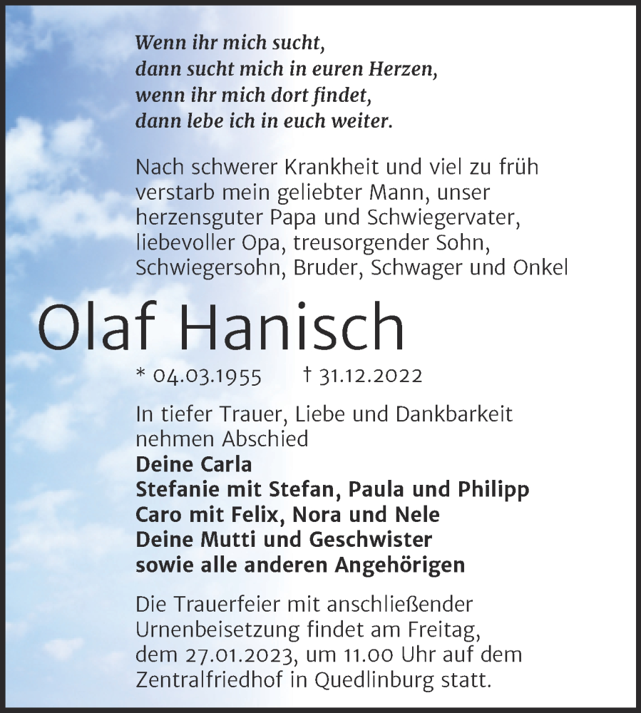  Traueranzeige für Olaf Hanisch vom 14.01.2023 aus Trauerkombi Quedlinburg